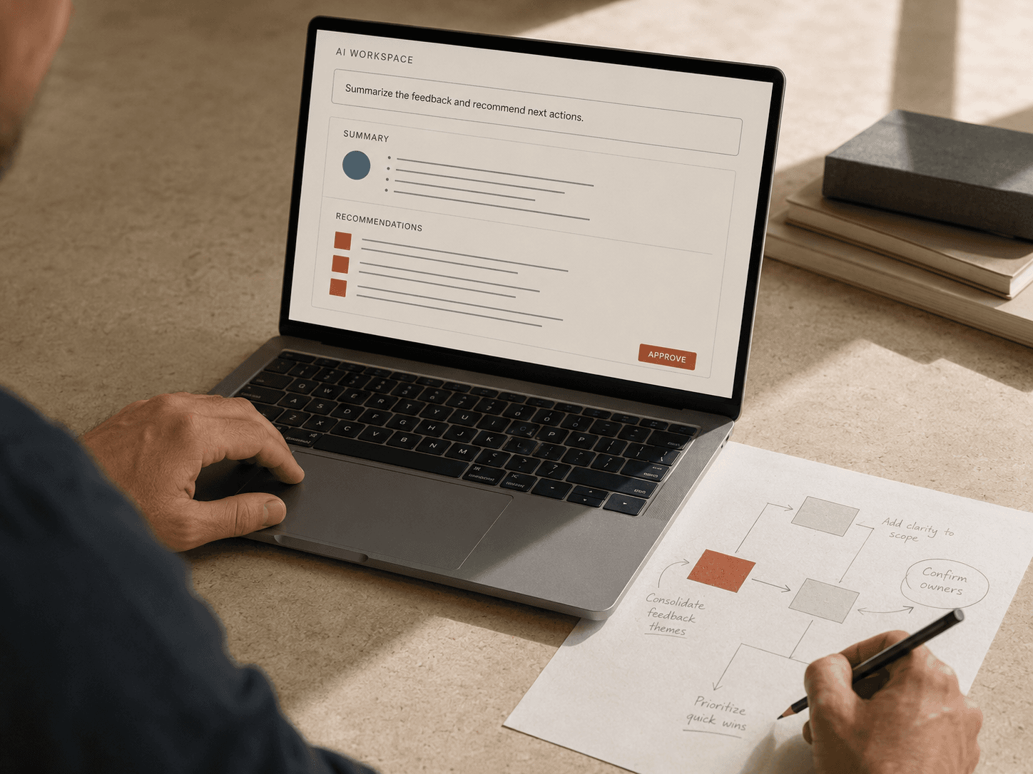 A person using an AI workspace on a laptop while mapping a workflow on paper
